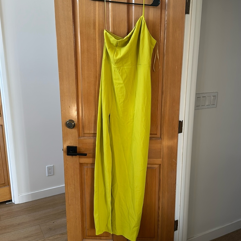 Off the shoulder dress with slit.